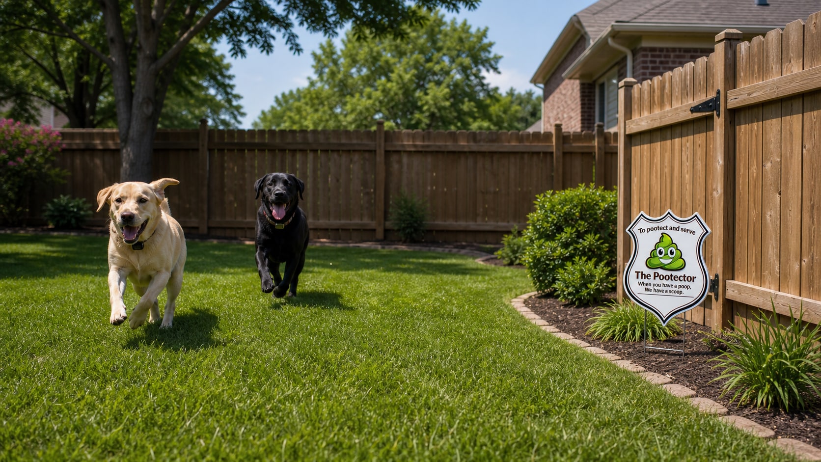 Dogs enjoying a clean protected Missouri backyard with The Pootector yard sign