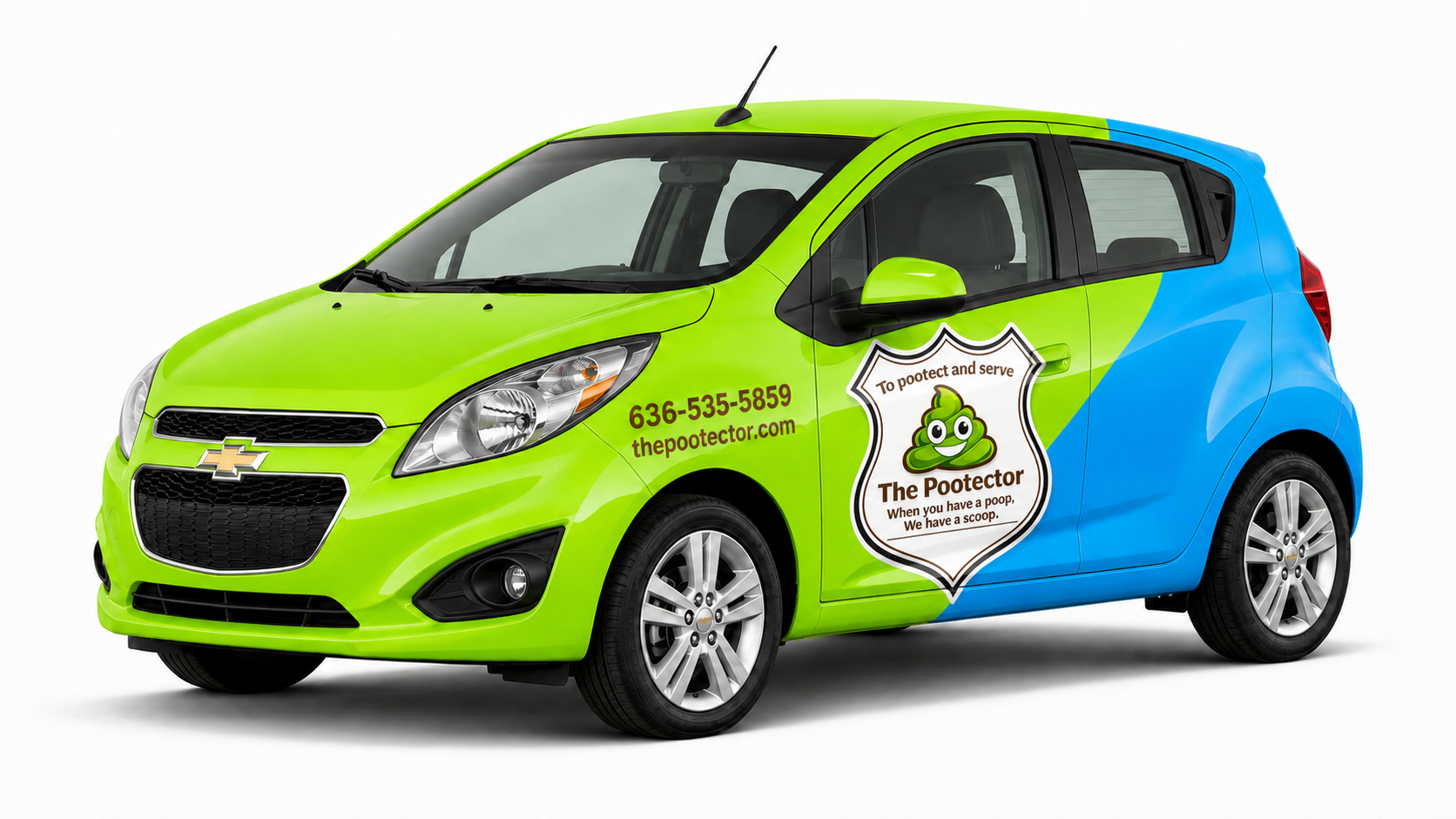 The Pootector lime green and sky blue Chevy Spark vehicle mockup with badge decal