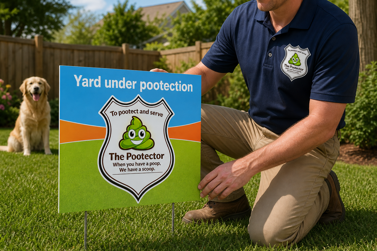 The Pootector yard sign and uniform mockup with badge printed on real materials