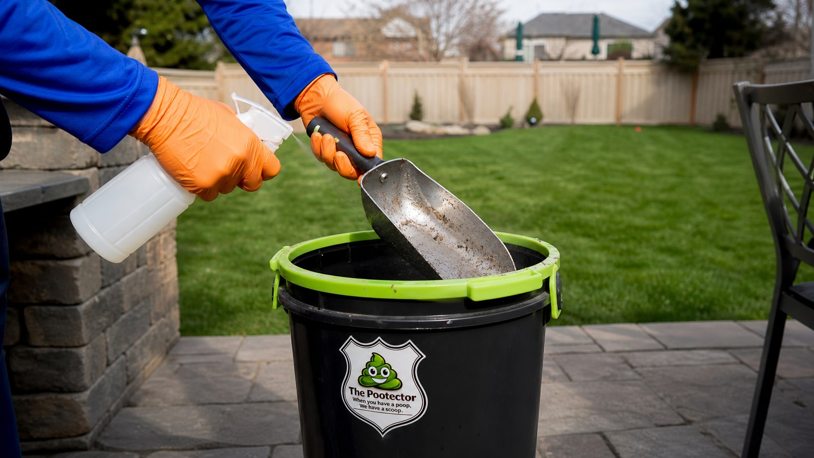 The Pootector technician sanitizing dog waste removal tools after yard service
