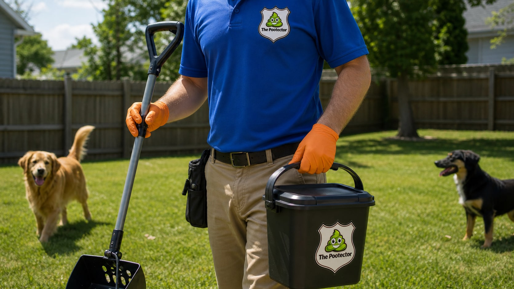 The Pootector technician carrying dog poop removal tools in a clean Missouri backyard